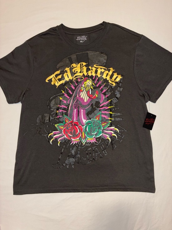 Ed Hardy Other - Ed Hardy Charcoal Tee with Yellow and Neon Accent Graphic
